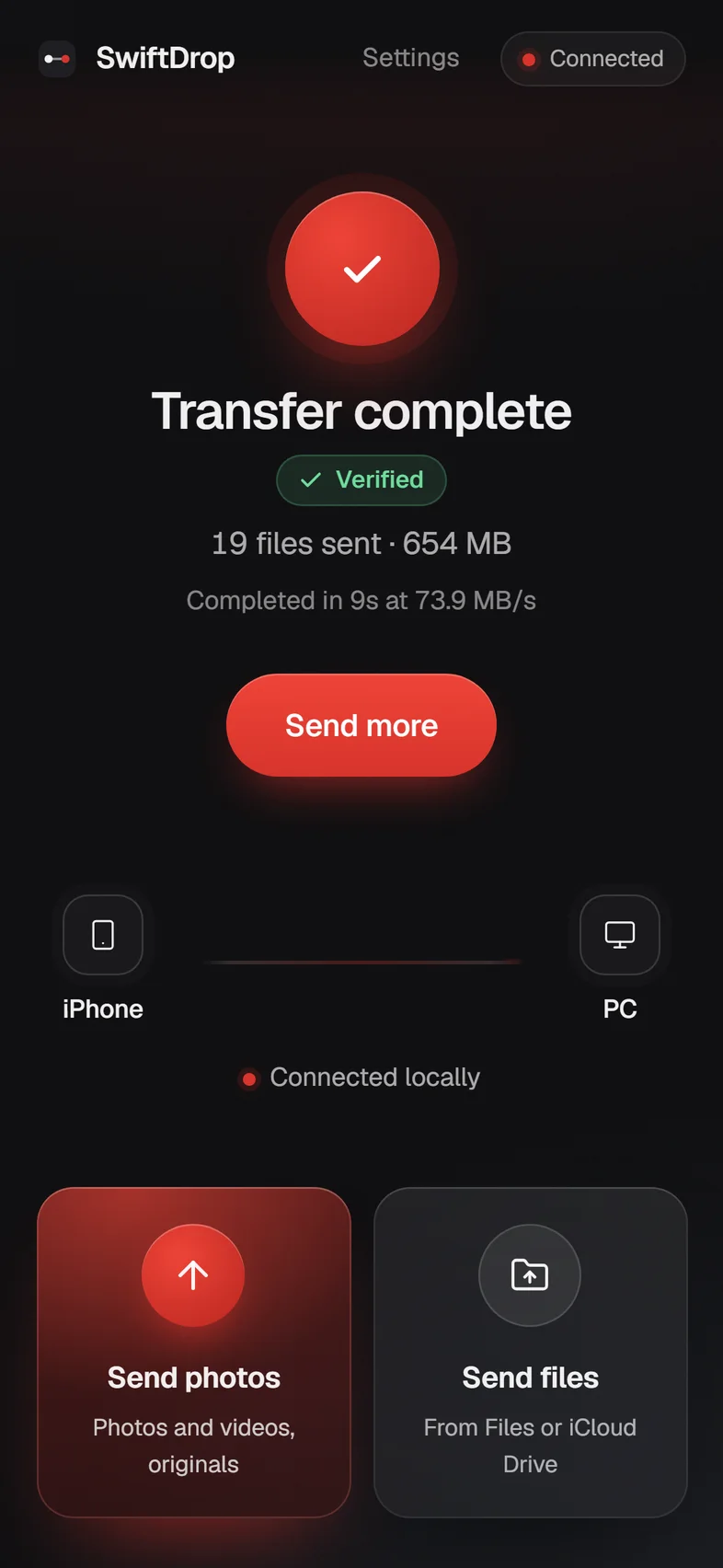 Transfer complete and verified on the iPhone